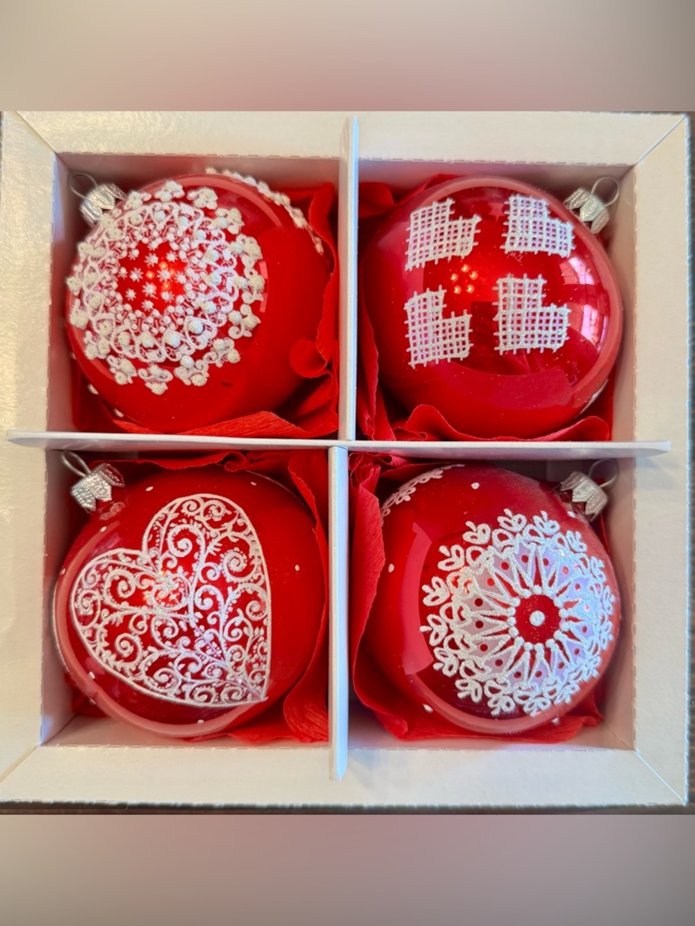 Dagmara Red Glass Holiday Ornament Set Handblown in Poland Set of 4